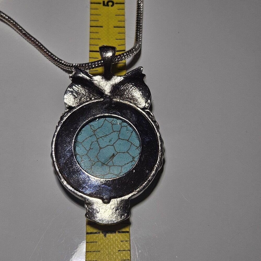 Silver Tone Large Blue Turquoise Owl Pendant Necklace 30" Chain - Picture 9 of 14